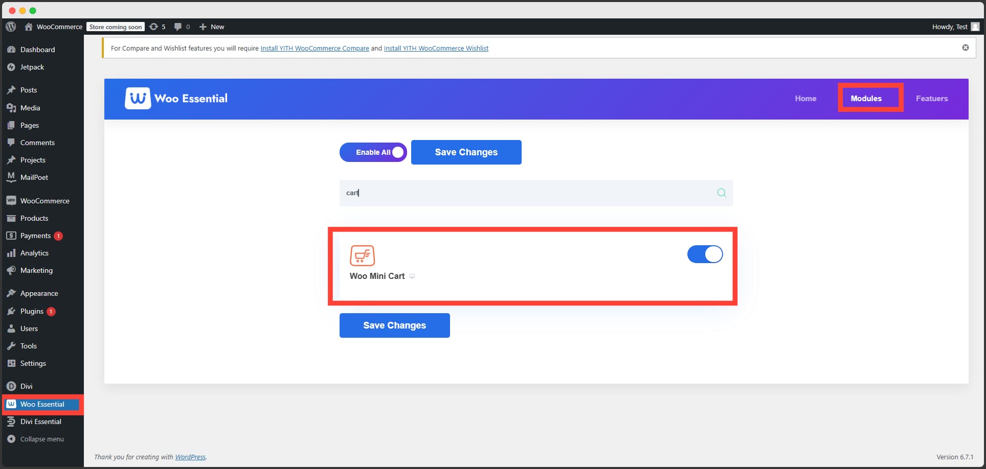 Enable Woo Mini Cart from Woo Essential Dashboard