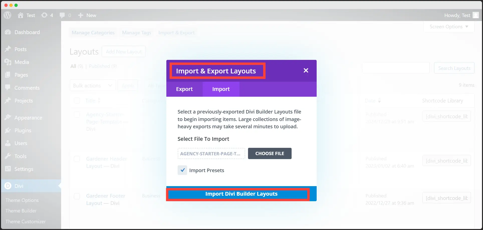 Import Divi Builder Layout to save it