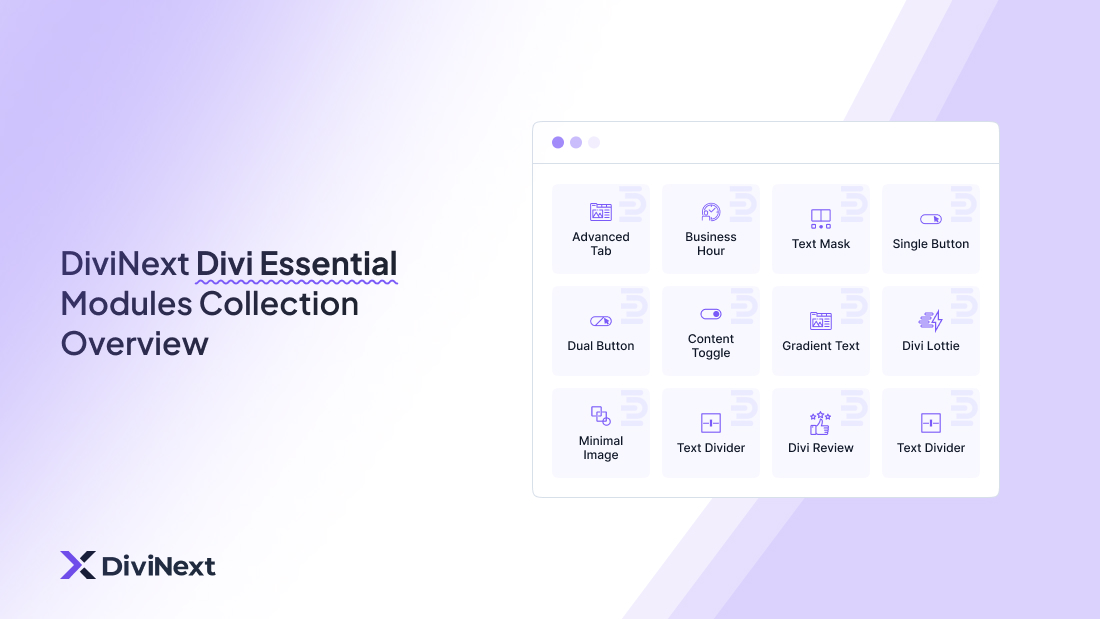 DiviNext Divi Essential Modules showcase featuring carousel, flip box, and gallery slider