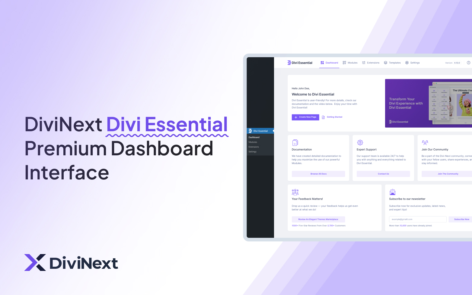 DiviNext Divi Modules, Showcasing Divi Essential Premium Dashboard Interface